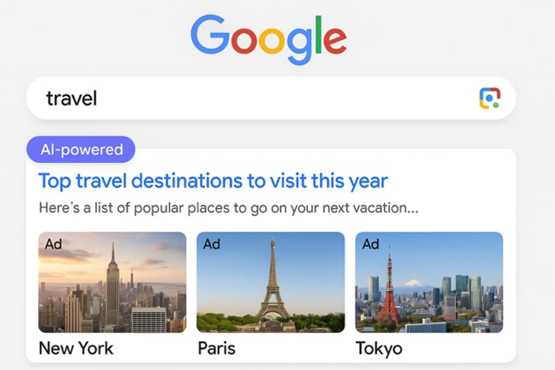 Google ya prueba anuncios de viajes en motores de búsqueda con IA 